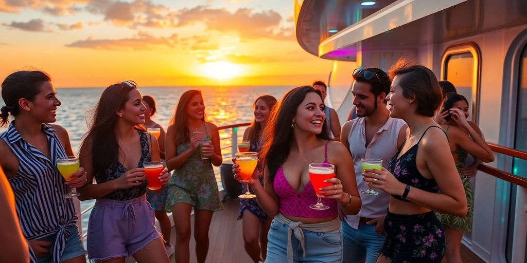 Diverse millennials enjoying vibrant cruise deck party.