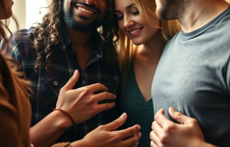 Diverse queer couples in intimate embrace, soft lighting.