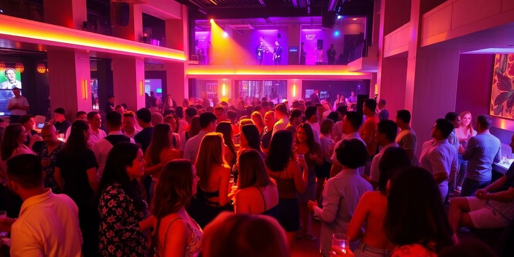 Elegant club interior, people socializing, soft lighting.