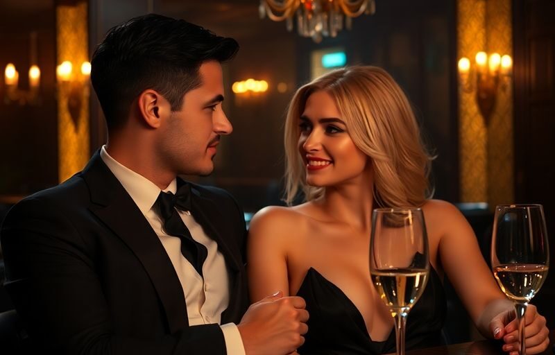 Elegant couple, luxurious swingers club, soft lighting, champagne.