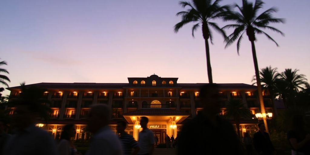 Elegant hotel exterior, vibrant nightlife scene.