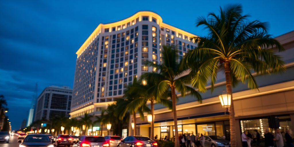 Elegant hotel exterior, vibrant nightlife