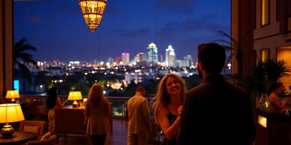 Elegant hotel lobby, couples dancing, San Antonio skyline.