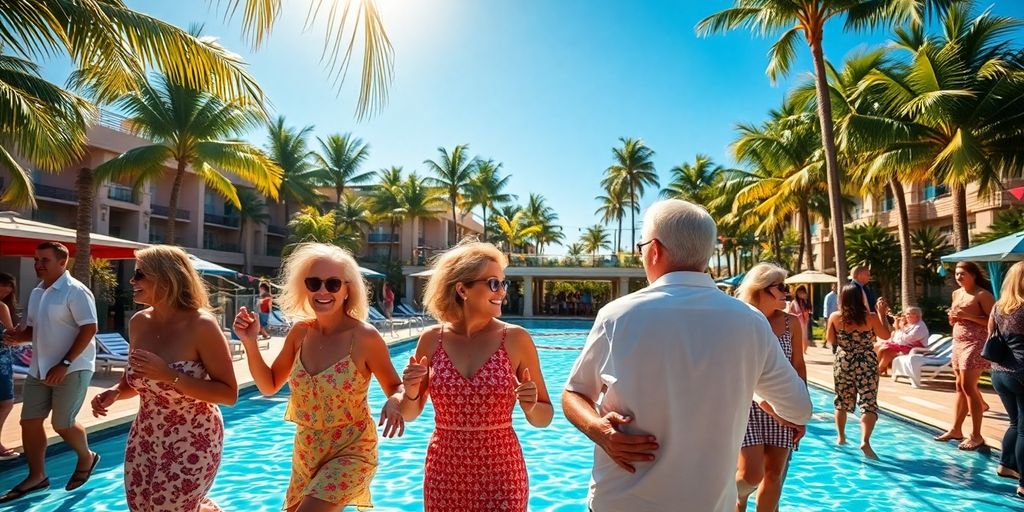 Elegant older couple dancing at a lively resort pool party.