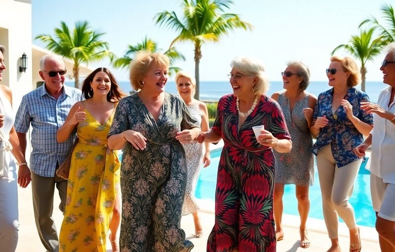 Elegant older couples dancing, resort pool background.
