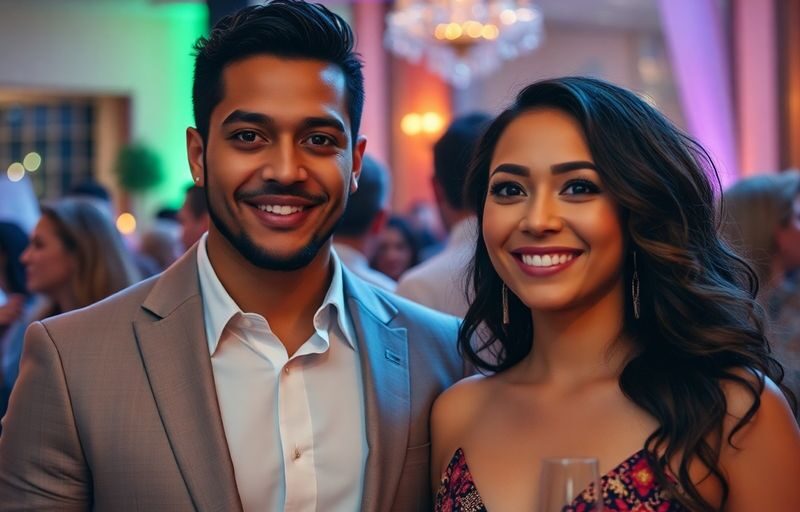 Elegant swinger couple at a vibrant, sophisticated party.