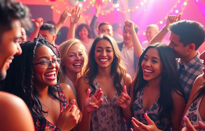 Enthusiastic diverse people dancing at a lively, colorful party.