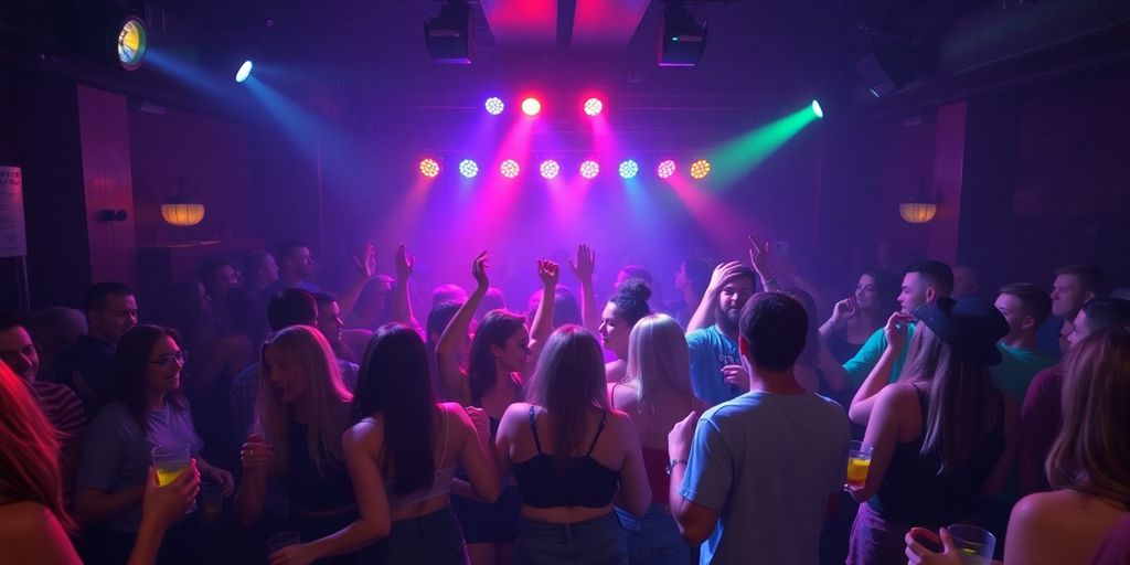 Excited diverse crowd dancing at a vibrant club.