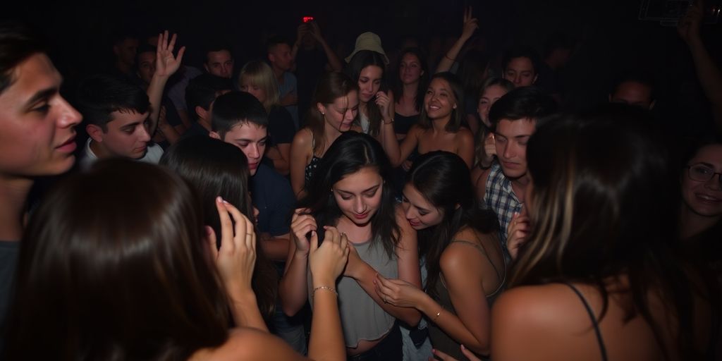 Friends assisting someone in a dim club.