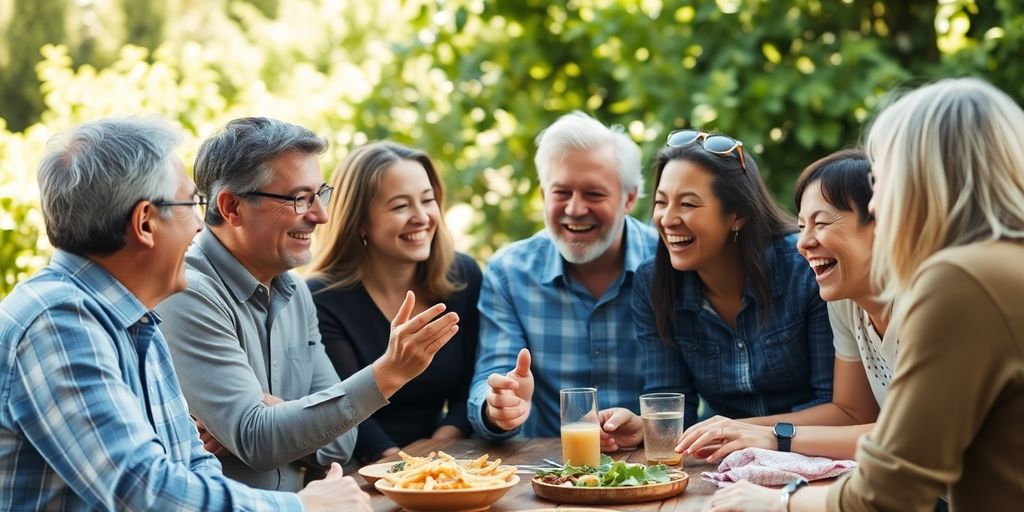 Friends sharing a meal, laughing, and conversing.