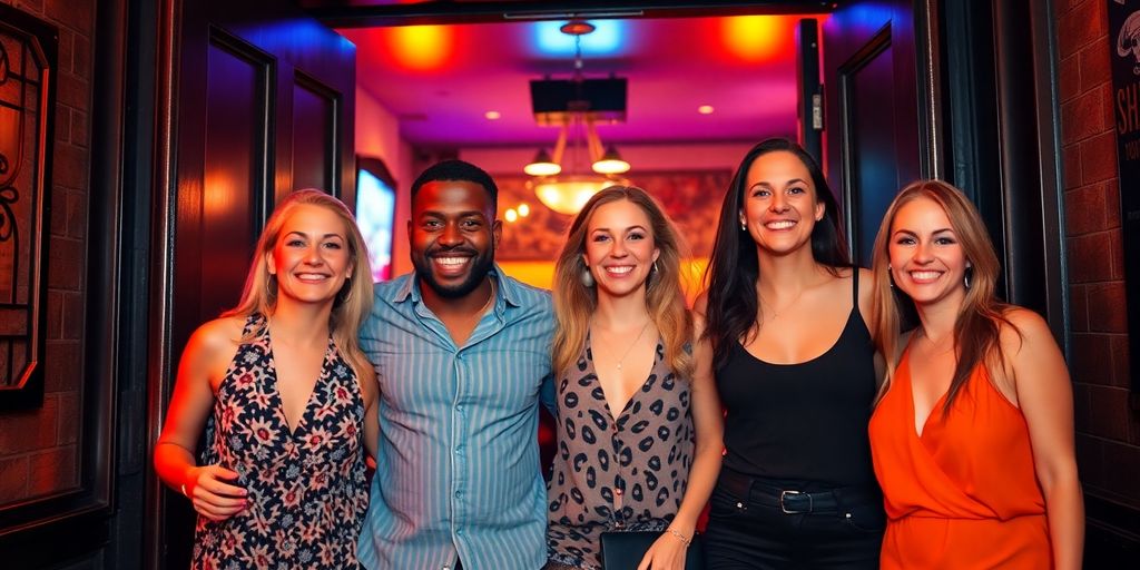 Friends smiling, entering a vibrant, dimly lit club.