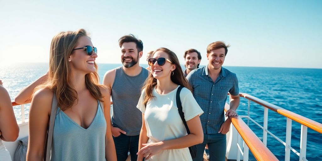 Group of millennials laughing on cruise ship deck.