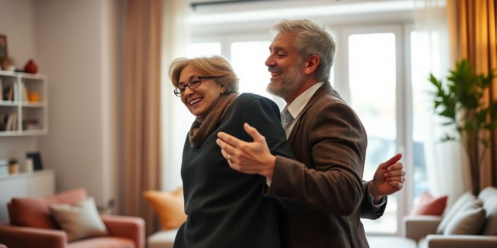 Happy couple dancing in a vibrant, warm living room.