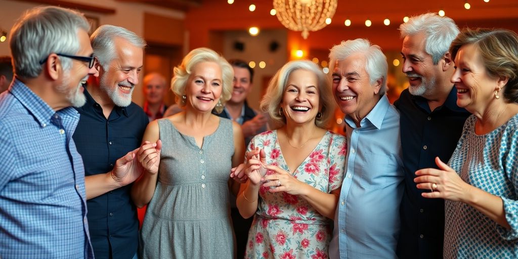 Happy diverse older couples dancing at lively party.