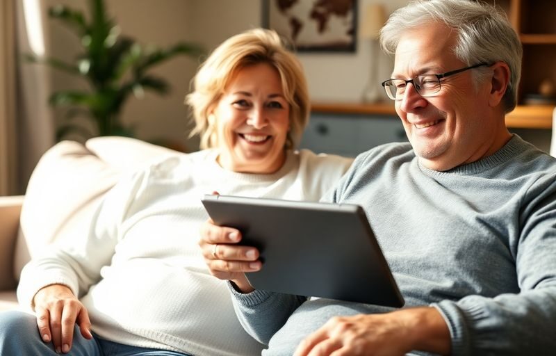 Happy mature couple on a dating app.