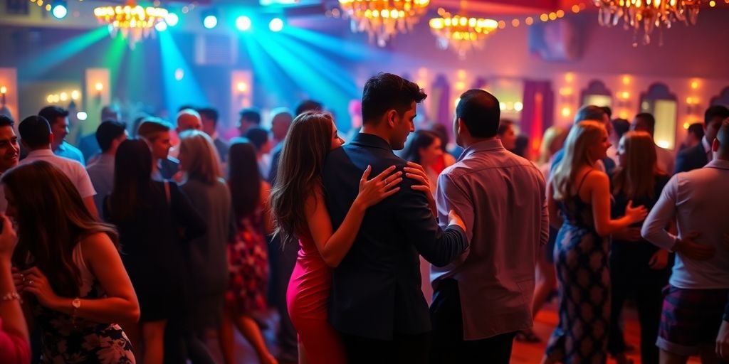 Hispanic couple dancing closely at a lively party.