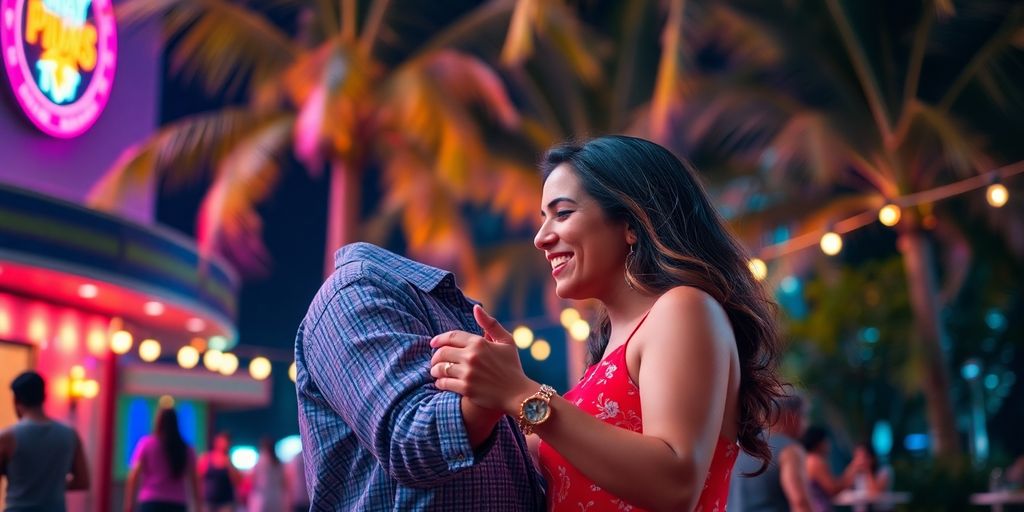 Hispanic couple dancing, colorful Miami nightlife.