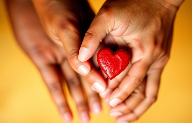 Intertwined hands, varied skin tones, holding red heart.