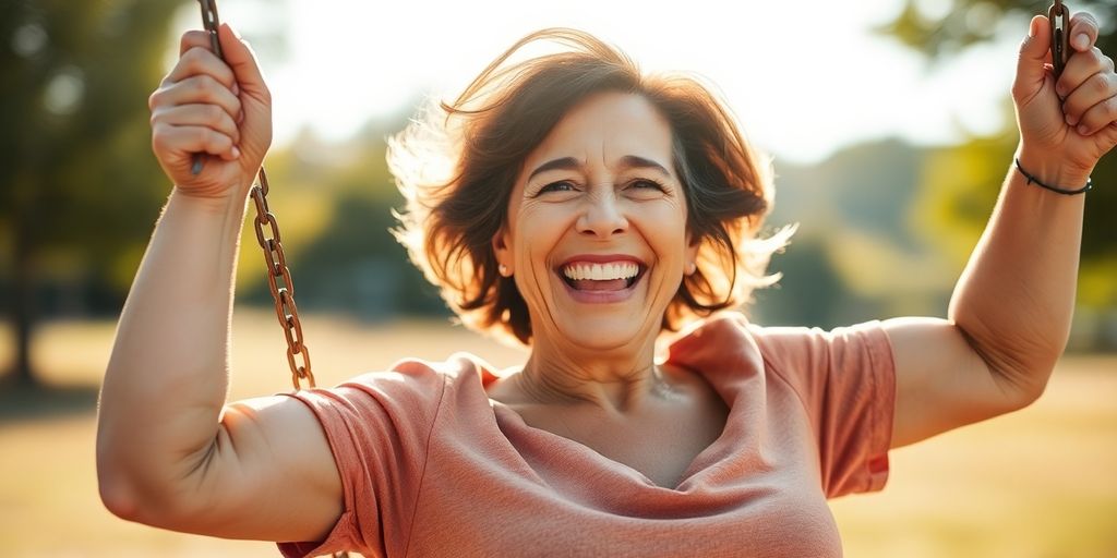 Joyful 50s woman on swing, golden hour, genuine smile.