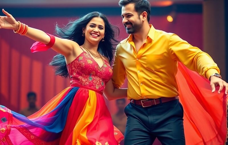 Latin couple dancing energetically, vibrant clothing, joyful expressions.