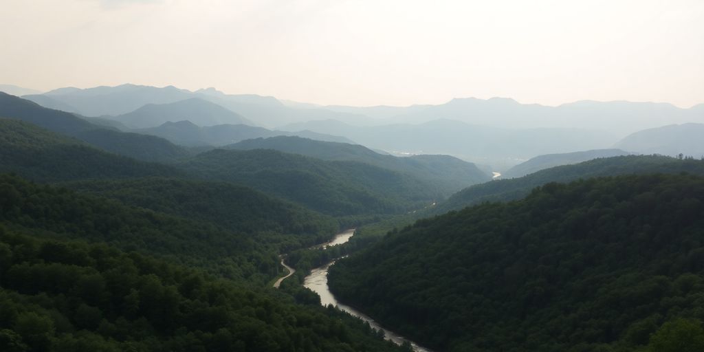 Lush green mountains, misty valleys, vibrant fall foliage.