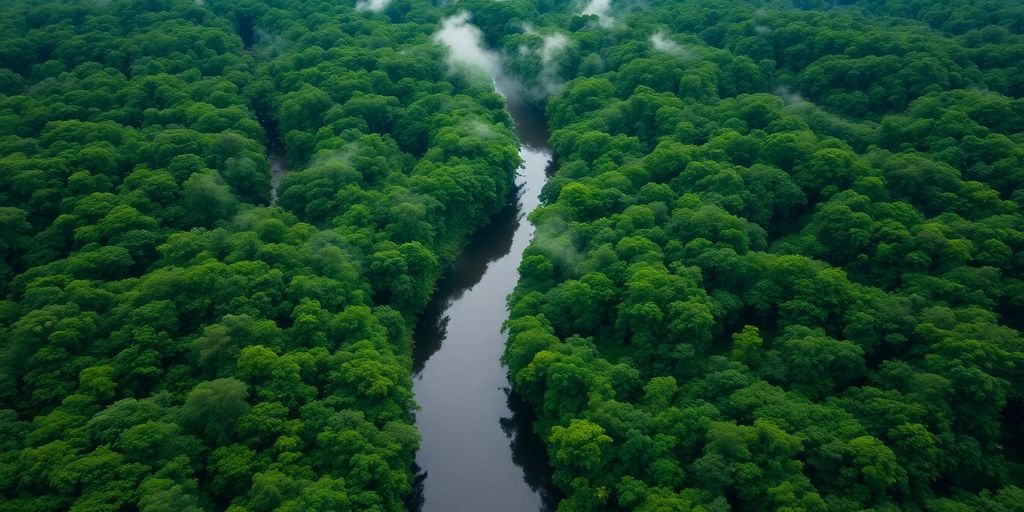 Lush jungle canopy, winding river, distant mist