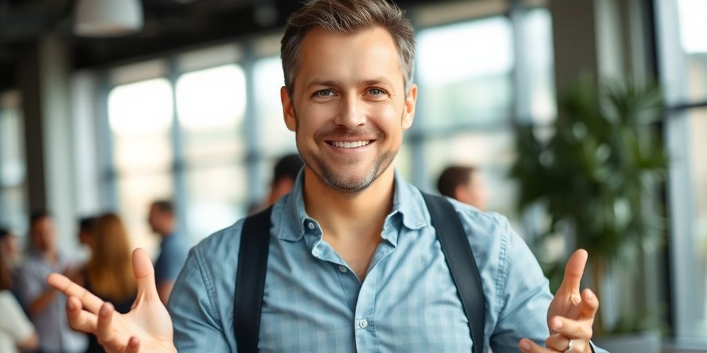 Man subtly gesturing, engaging in conversation, looking confident.