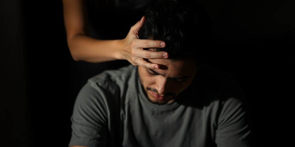 Man with head down, woman's hand on his shoulder.