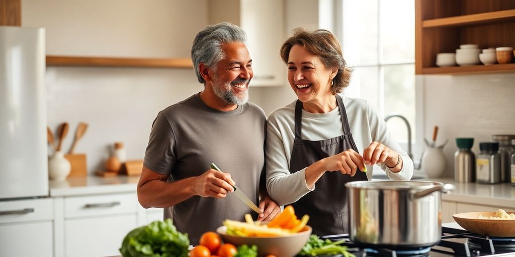 Mature couple cooking together, smiling.