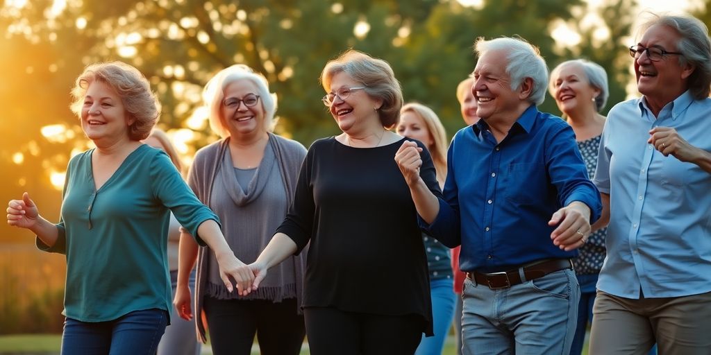 Mature couple dancing happily together outdoors.
