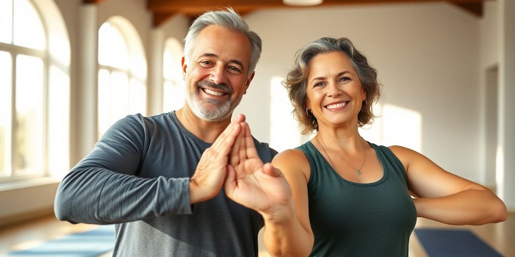 Mature couple practicing yoga in a bright studio.