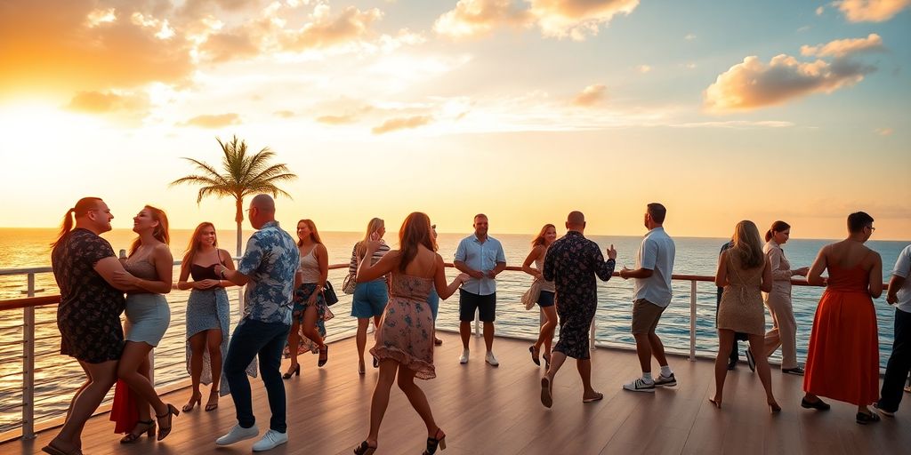 Millennial couples dancing openly on a cruise deck.