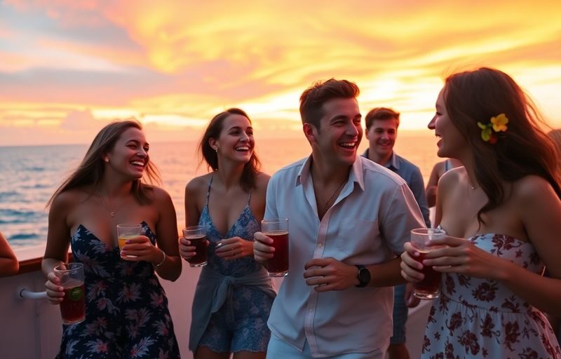 Millennials dancing on a cruise deck at sunset.