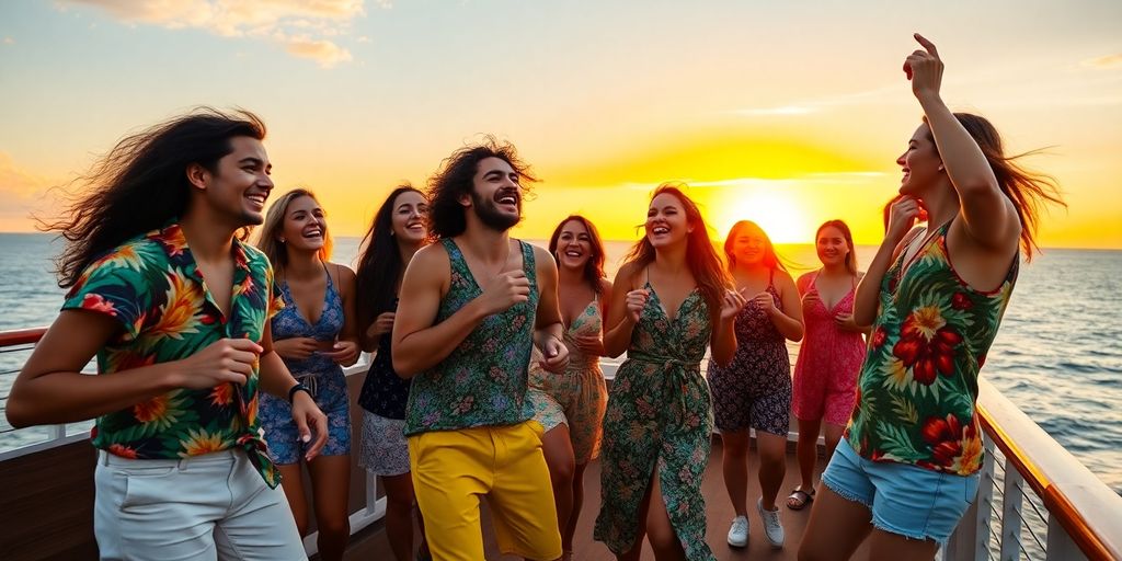 Millennials dancing on a cruise ship deck.