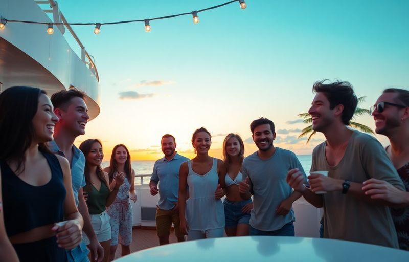Millennials dancing on cruise deck at sunset.