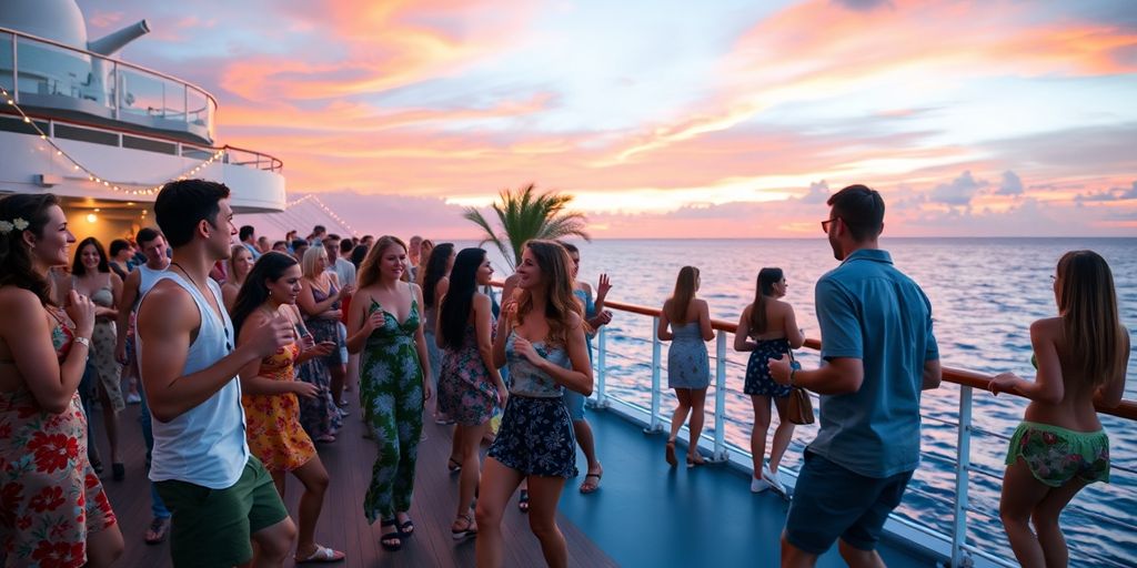 Millennials dancing on swinger cruise deck at sunset.