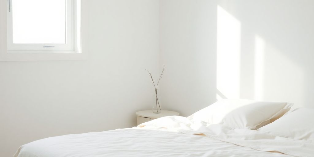 Minimalist bedroom, natural light, calm atmosphere.