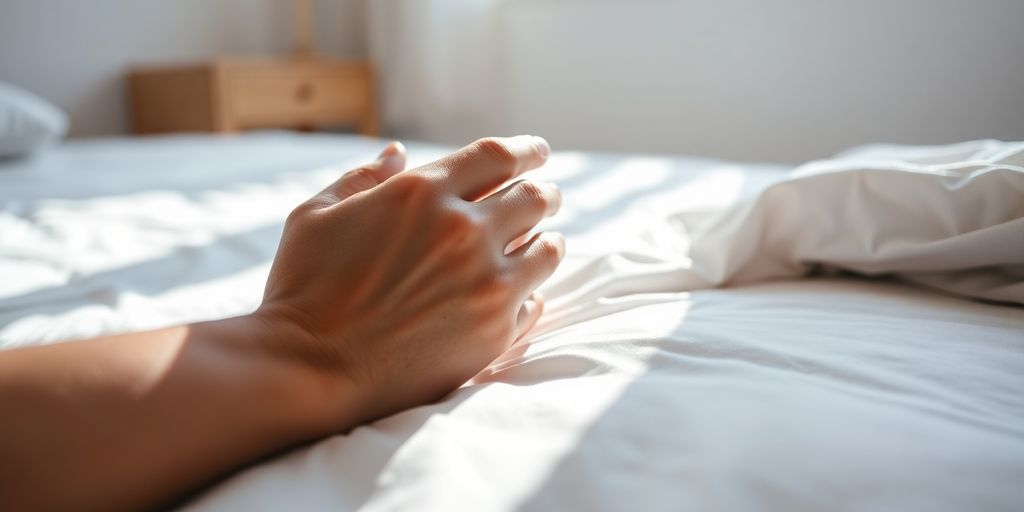 Minimalist bedroom, soft light, two intertwined hands.
