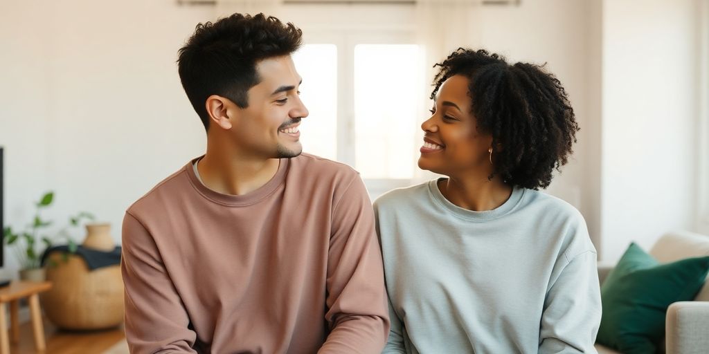 Minimalist couple connecting in a bright, uncluttered space.