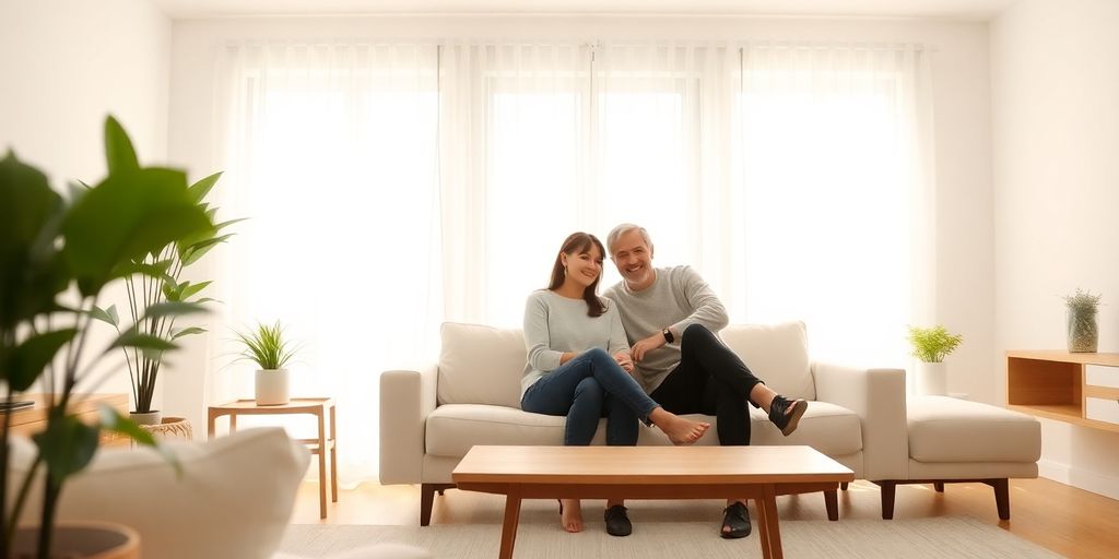 Minimalist living room, couple relaxing