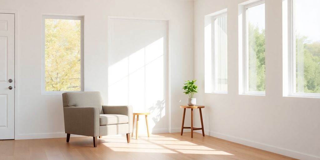 Minimalist living room, sunlit, clean lines.