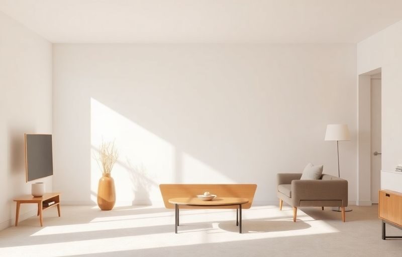 Minimalist living room, warm light, clear space.