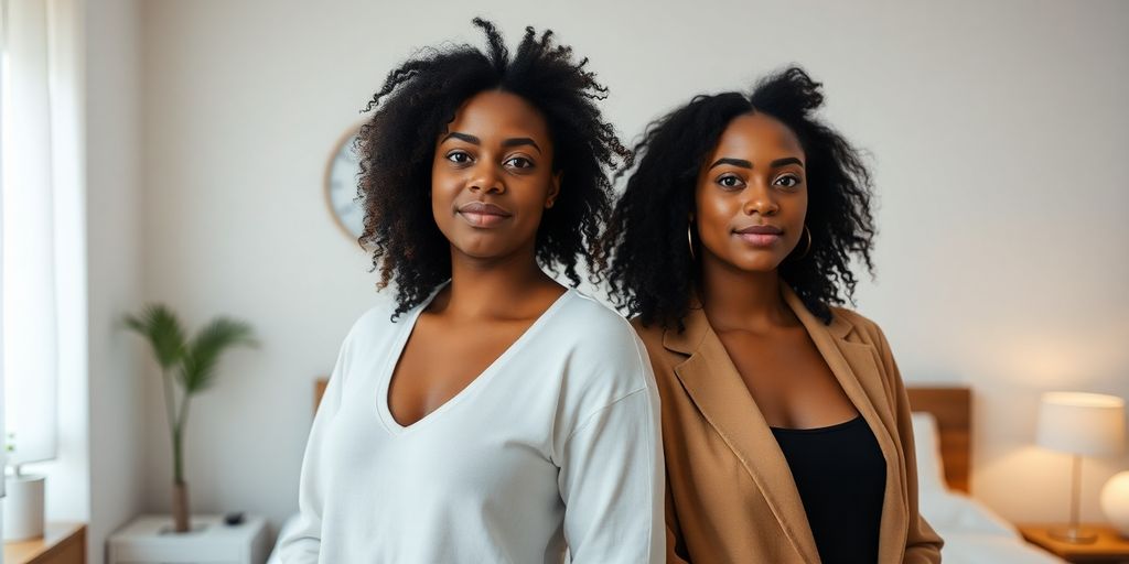 Minimalist swinger couple, stylish wardrobe, elegant bedroom.