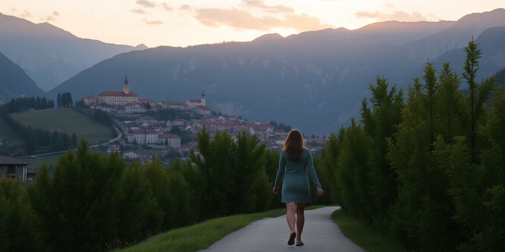 Mountain town at sunset with couple.