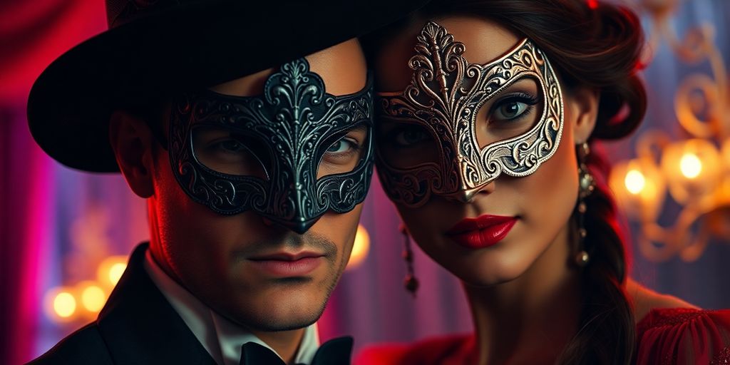 Mysterious couple, masked, in a vibrant, dimly lit setting.