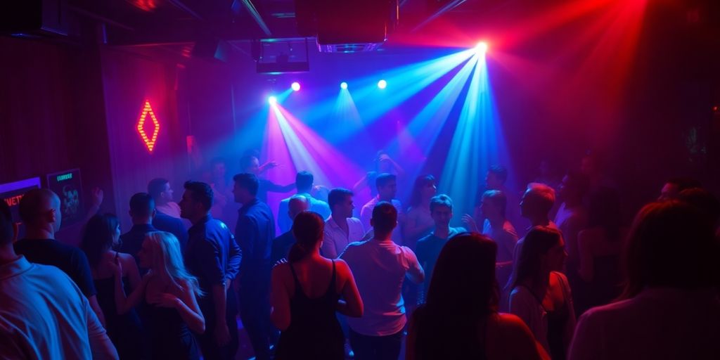 Nightclub interior with diverse people dancing.