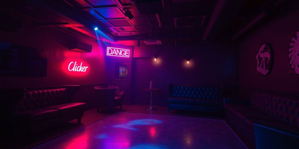 Nightclub interior with red and blue lighting.