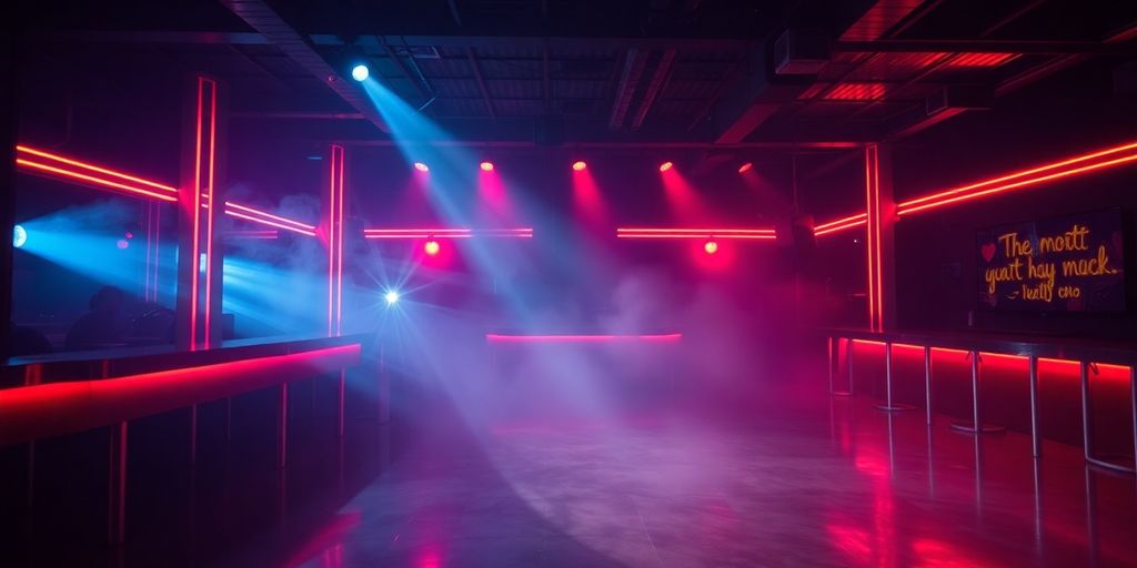 Nightclub interior with red and blue lights.