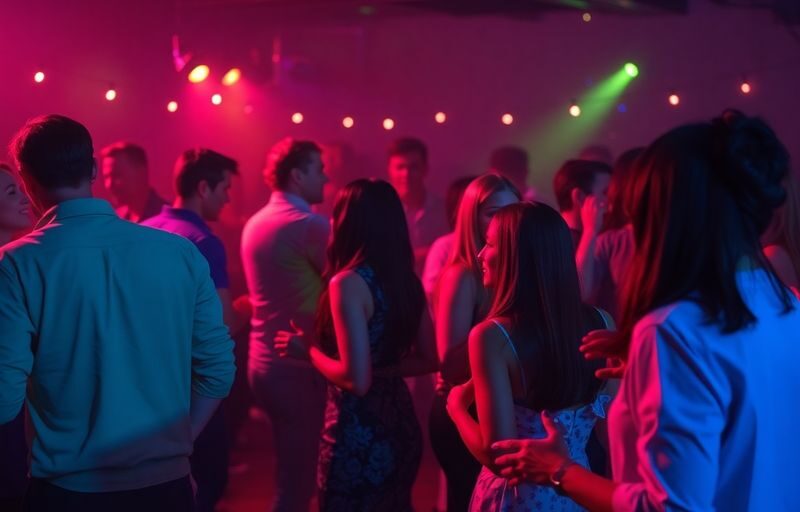 Party scene with diverse adults dancing, dim lights.