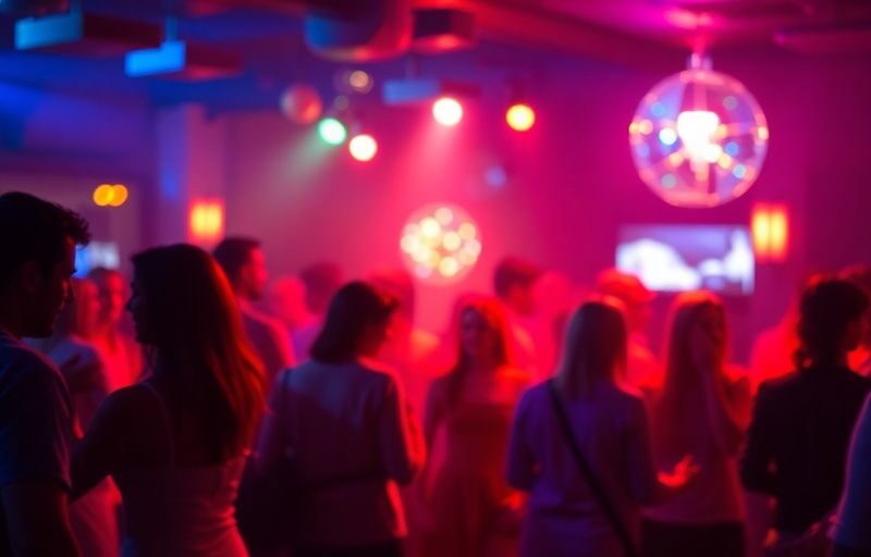 People dancing and socializing in a dimly lit club.